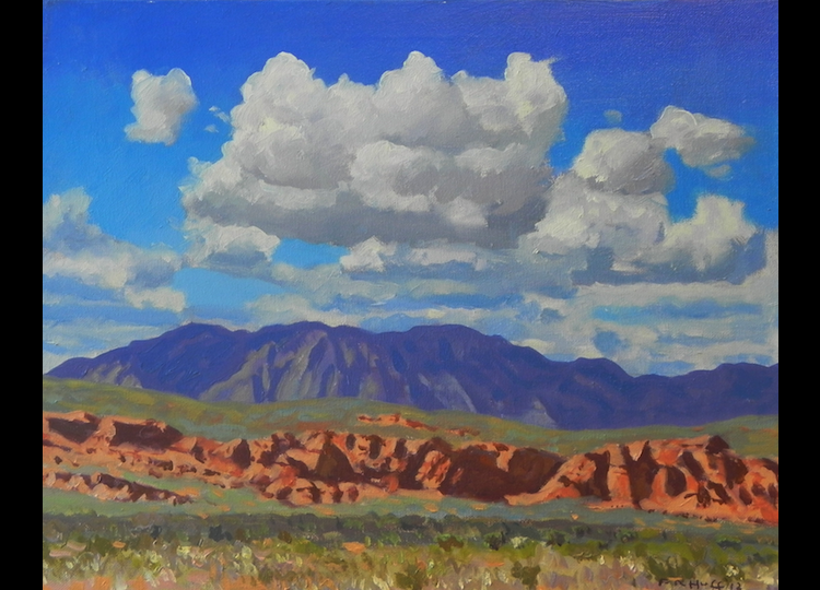 Painting-style desert landscape sketch with red rock formations, mountains, and large clouds in muted tones